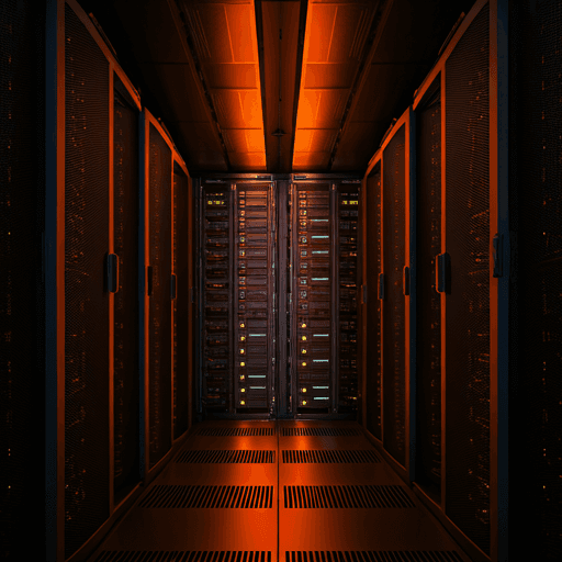 Hightech-Serverraum mit neonoranger Beleuchtung